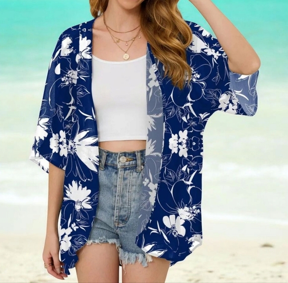 NEW! Navy Blue Floral Kimono Cardigan – Lightweight & Stylish Sz Large - Picture 1 of 5